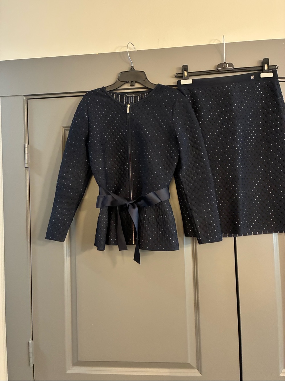 CH Carolina Herrera Navy Peplum Zip Jacket w/Silver dots & matching skirt